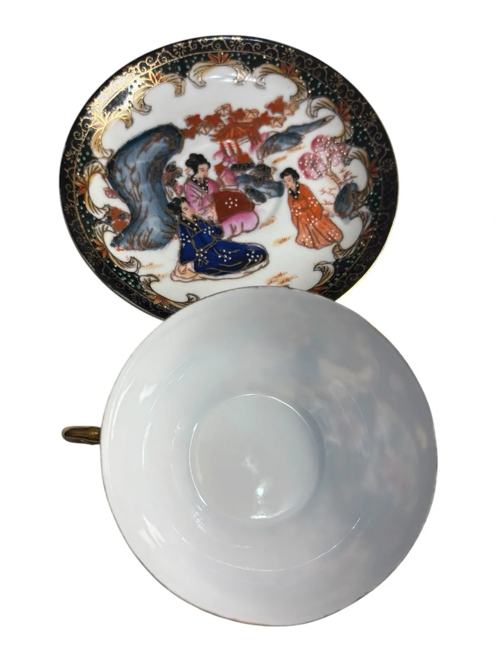 Vint Hand Painted Satsuma Chinese Porcelain Cup Saucer Gilded Gold Geisha Girls